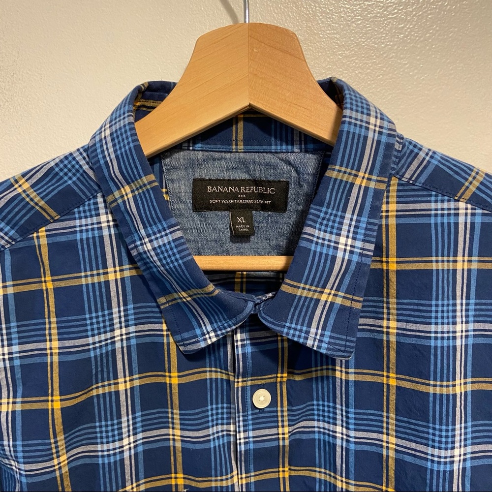 Banana Republic Blue Plaid Soft Wash Tailored Slim Fit L/S Shirt Men L (Tag XL)